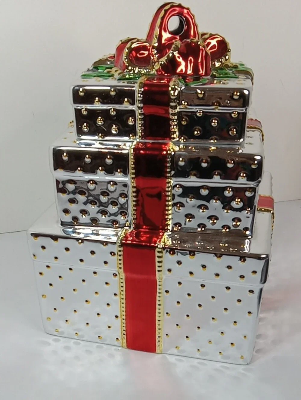 Metallic Red Ribbon Cermaic 3-tier Lidded Cookie Jar Burton & Burton